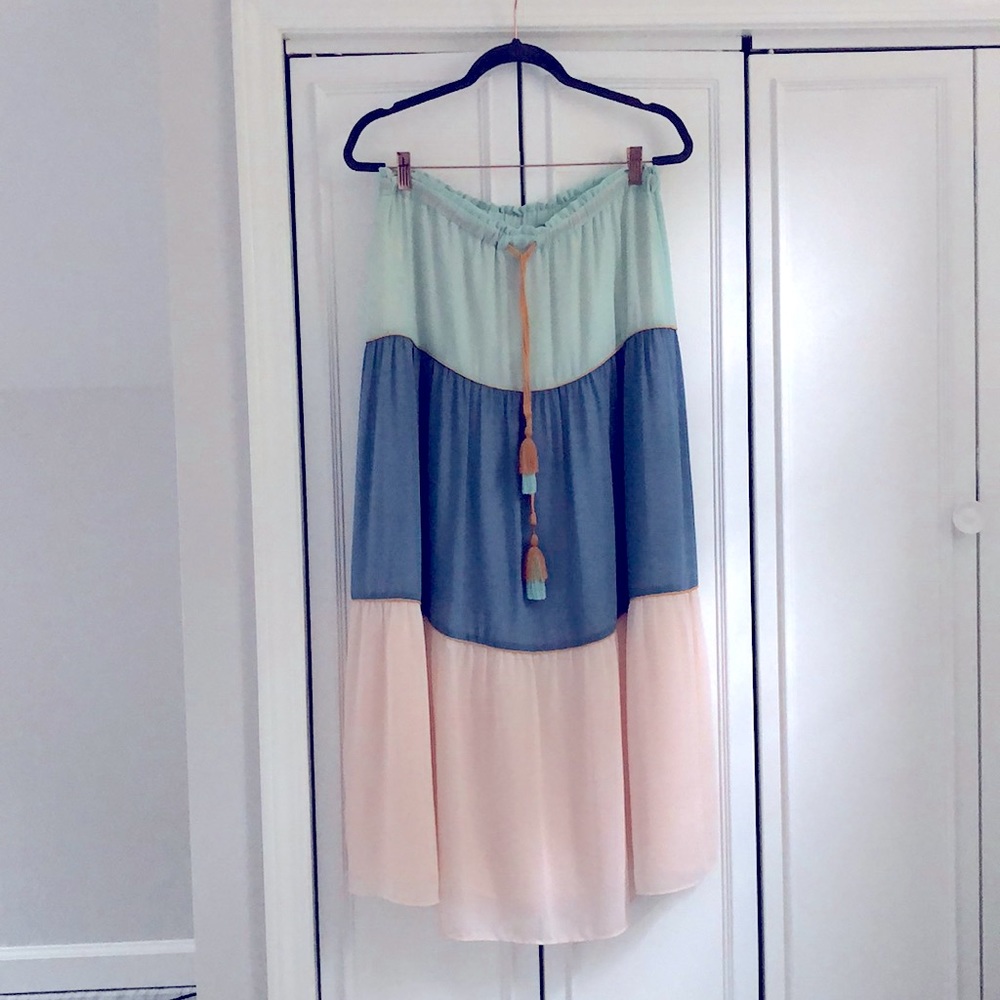Loft skirt, color-block pastels with gold trim detail and tassel tie.